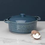 FUN ELEMENTS Lace Emboss Casserole Dish with Lid, 2 Quart Oven to Table Ceramic Round Serving Dish with Handles for Dinner and Party, Thanksgiving Christmas Gifts(Grayish Blue)