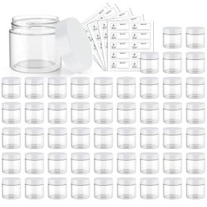 50 Pack 2 OZ Plastic Jars Round Clear Cosmetic Container Jar with White Lids, Eternal Moment Plastic Slime Jars for Lotion, Cream, Ointments, Makeup, Eye shadow, Rhinestone, Samples, Travel Storage