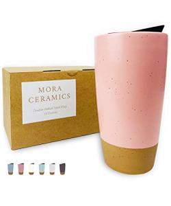 Mora Double Wall Ceramic Coffee Travel Mug with Lid, 14 oz, Portable, Microwave, Dishwasher Safe, Insulated Reusable Tall Cup, Splash Resistant Lid - To Go Tumbler for Car Cup Holder, Pink Salt