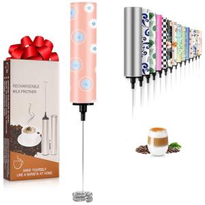 Milk Frother Handheld Rechargeable - 2-Speed Electric Whisk with 5 Detachable Heads (Frother/Mixer/Whisk) for Coffee, Latte, Cappuccino & Matcha, Drink Mixer (Flower 8)
