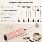 Milk Frother Handheld Rechargeable - 2-Speed Electric Whisk with 5 Detachable Heads (Frother/Mixer/Whisk) for Coffee, Latte, Cappuccino & Matcha, Drink Mixer (Flower 8)