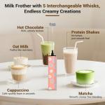 Milk Frother Handheld Rechargeable - 2-Speed Electric Whisk with 5 Detachable Heads (Frother/Mixer/Whisk) for Coffee, Latte, Cappuccino & Matcha, Drink Mixer (Flower 8)