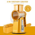 SUSTEAS Rotary Cheese Grater with Handle - Vegetable Shredder with 5 Well-designed Blades & Strong Suction Base,Round Mandoline Slicer & Food Chopper for Kitchen,with Blade Storage Box(Yellow)