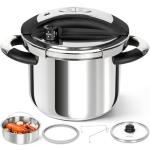 MICHELANGELO Stainless Steel Pressure Cooker 6.3 Quart, 3-in-1 Olla de Presion, One-Hand Locking System, Induction Compatible, with Glass Lid & Steamer