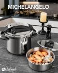 MICHELANGELO Stainless Steel Pressure Cooker 6.3 Quart, 3-in-1 Olla de Presion, One-Hand Locking System, Induction Compatible, with Glass Lid & Steamer