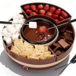 JoyMech Cheese & Chocolate Fondue Machine, Candy Melting Pot for Party, Electric Fondue Pot Set, Chocolate Warmer, Hot Chocolate Maker, 4-Section Food Tray, Brown