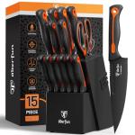 ODERFUN Knife Block Set -15 PCS Dishwasher Safe Kitchen Knife Set, High Carbon Stainless Steel, Razor-Sharp knives set with sharpener, Non-Slip Handles, Elegant Box for Christmas,Black