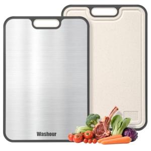 Titanium Cutting Boards for Kitchen, Non Toxic 2-in-1 Cutting Board Double Sided, Food Grade Pure Titanium and Wheat Straw PP, Easy to Clean Large Size 16”×11”