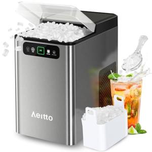 Aeitto Nugget Ice Maker Countertop, Pellet Ice Machine Soft Chewable Ice 40lbs/Day, One-Click Operation, Auto Self-Cleaning Crushed Ice Makers Stainless with Scoop for Home/Kitchen/Office (Grey)