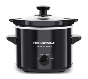 Elite Gourmet MST239X Electric Round Slow Cooker, Adjustable Temp, Entrees, Sauces, Stews & Dips, Dishwasher Safe Glass Lid & Crock, 2 Quart, Black