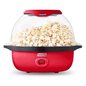 Dash SmartStore Deluxe Stirring Popcorn Maker - Hot Oil Electric Popcorn Popper with Butter-Warming Tray, Clear Serving Bowl, Storage Lid & Measuring Cup - 24 Cups, Red