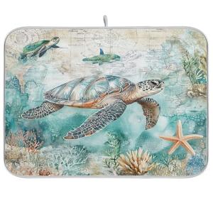 Nautical Theme Dish Drying Mat for Kitchen Counter Sea Horse Turtle Octopus Coastal Drying Mats Super Absorbent Reversible Microfiber Kitchen Countertop Protector Dishes Pad Medium 16x18 inch