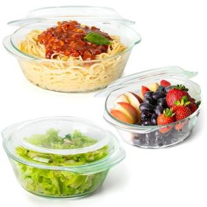 Moss & Stone 6-Piece Clear Glass Casserole Dishes for Oven With Lids, Durable Tempered Borosilicate Glass Bakeware Set, Microwave Safe, 3 Round Sizes for Cooking, Serving & Storage