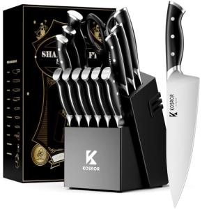 Knife Block Set - KOSROR 15 PCS German Stainless Steel Kitchen Knife Set with Block and Sharpener - Full-Tang Ergonomic Handle Knife Set - Razor Sharp Blades and Dishwasher Safe - ShadowCraft Series