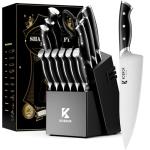 Knife Block Set - KOSROR 15 PCS German Stainless Steel Kitchen Knife Set with Block and Sharpener - Full-Tang Ergonomic Handle Knife Set - Razor Sharp Blades and Dishwasher Safe - ShadowCraft Series