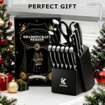 Knife Block Set - KOSROR 15 PCS German Stainless Steel Kitchen Knife Set with Block and Sharpener - Full-Tang Ergonomic Handle Knife Set - Razor Sharp Blades and Dishwasher Safe - ShadowCraft Series