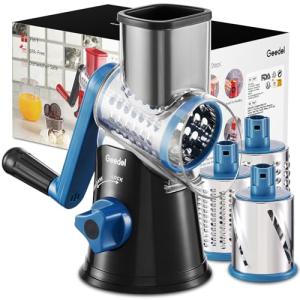 Geedel Rotary Cheese Grater, Kitchen Mandoline Vegetable Slicer with 3 Interchangeable Blades, Easy to Clean Rotary Grater Slicer for Fruit, Vegetables, Nuts