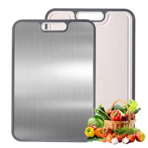 Stainless Steel Cutting Board for Kitchen, Cutting Board Double Sided Food Grade, 304 Stainless Steel/Wheat straw PP Large Board for meat,non toxic Chopping, Dishwasher Safe Size 15"×10"