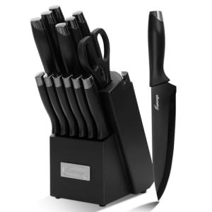 Hancorys Knife Sets for Kitchen with Block, 15 Pieces Chef Knife Set with Self Sharpening, Stainless Steel Nonstick Ceramic Anti-Rust Coating Blades, Ergonomic Handle, Black Grey