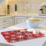 Christmas Dish Drying Mat, Red Pattern With Snowflakes Flower Dish Drying Mat for Kitchen Countertops Sinks Drying Mat Absorbent Heat Resistant Dishes Drainer Pad 16 x 18 Inch