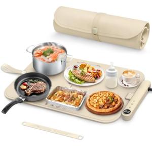 Warming Mat for Food, Upgrade Detachable Power Plug Food Warming Mat, Fast Full Surface Electric Warming Tray with 6 Temperature Setting and 6 Hours Timer, Roll Up Food Warmers