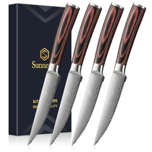 Sunnecko Razor-Sharp Steak Knives Set of 4,Premium Stainless Steel Serrated Steak Knife Set,Pakkawood Handle 4.5 Inch Kitchen Steak Knife with Gift Box
