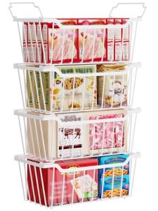 SUNALLY Freezer Organizer Bins, 4 Pack Chest Freezer Organizer Stackable for 5-7 Cu.FT Deep Freezer Sort Frozen Meats and Food, Freezer Storage Baskets with Handles Easy Reach from Bottom, White