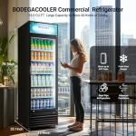 BODEGACOOLER Commercial Merchandiser Refrigerator, 15.5Cu. Ft Glass Door Upright Display Fridge, Beverage Refrigerator Cooler with LED Light, 4 Strong Castors for Stores, Restaurant, Office(Black)