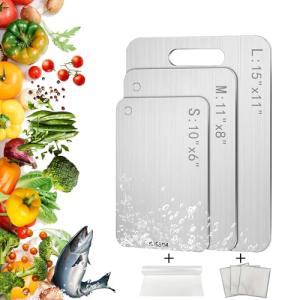 SUNWISHA Stainless Steel Cutting Boards 3pcs, Upgrade Double-Sided Food Grade Chopping Board, Non Toxic, Equipped with anti slip pads for safety, for Home Kitchen Cooking