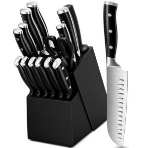 Knife Set, 15 Piece Premium Kitchen Knife Block Set, Razor-Sharp, High Carbon Stainless Steel Chef Knife, Ergonomic Forged Triple Rivet Handle, Black Sharp Knife Set for Kitchen, Dishwasher Safe