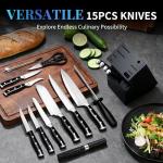 Knife Set, 15 Piece Premium Kitchen Knife Block Set, Razor-Sharp, High Carbon Stainless Steel Chef Knife, Ergonomic Forged Triple Rivet Handle, Black Sharp Knife Set for Kitchen, Dishwasher Safe