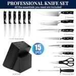Knife Set, 15 Piece Premium Kitchen Knife Block Set, Razor-Sharp, High Carbon Stainless Steel Chef Knife, Ergonomic Forged Triple Rivet Handle, Black Sharp Knife Set for Kitchen, Dishwasher Safe