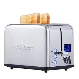 CUSIMAX Stainless Steel 2 Slice Toaster with LED Display, Extra-wide Slots, 6 Browning Settings, Cancel/Bagel/Defrost, Removable Crumb Tray, Silver