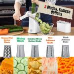 iezzei Rotary Cheese Grater - Vegetable Slicer Hand Crank, Fruit Cutter, Carrot Shredder, Nuts Grinder with 5 Stainless Steel Blades - Safe & Strong Suction Base with Handle