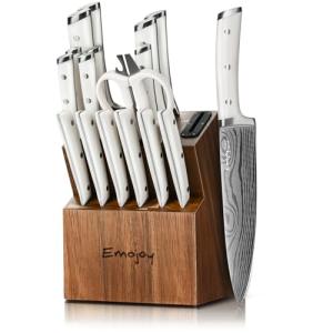 Knife Set, Emojoy 18-Pieces Kitchen Knife Set With Wooden Block, German Stainless Steel Knife Block Set With Built-In Sharpener, Professional Sharp Knives Set for Kitchen,White