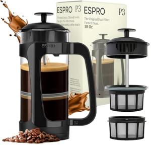 ESPRO P3 French Press Coffee Maker – Patented Double Micro-Filter for Grit-Free Brew, Heat Resistant thicker Borosilicate Glass Coffee press – (18 oz)