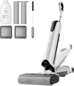 uwant D100 Wet Dry Vacuum Cleaner 180°Lay-Flat Vacuum Mop All in One with 18000Pa Suction Auto Self-Cleaning Anti Odor Stick Pushin Mop Dual-Edge Cleaning Electeic Mop Set for Hard Floor/Carpet,Milky