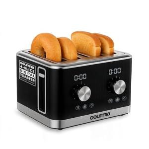 Gourmia 4 Slice Toaster, Double-Sided – Dual Independent Controls, Bagel, Defrost & Reheat Mode, 6 Browning Levels, Extra Wide Slots, Removable Crumb Tray, Compact Design, Black