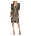Calvin Klein Women's Short Sleeve V-Neck Foil Glitter Knit Faux Wrap Knee Length Dress, Black/Gold, 6