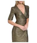 Calvin Klein Women's Short Sleeve V-Neck Foil Glitter Knit Faux Wrap Knee Length Dress, Black/Gold, 6