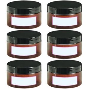 8 oz Plastic Container Jars with Labels, 6 Pcs Empty Round Cosmetic Containers with Black Lid for Cream, Body Butter, Makeup, Travel Samples (Amber)