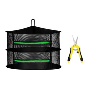 iPower 2ft 2-Layer Foldable Herb Mesh Rack Hanging Drying Net with Zippers, Free Storage Bag and Hook for Hydroponic Plant, 6.5" Garden Hand Pruner, Straight Stainless Steel Blades