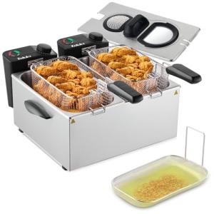 Deep Fryer, 7.4 Quart Oil Capacity with 2 Baskets for Home Use, Powerful 3000W with Adjustable Temperature, Lid with Viewing Window and Odor Free Filter, Removable Oil Filtration, Stainless Steel