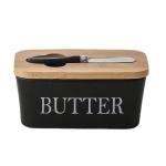 Butter Churner Hand Crank Mason Jar Countertop Ceramic Butter Container with Knife Holder Spreader Double Silicone Seals (Black)