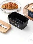 Butter Churner Hand Crank Mason Jar Countertop Ceramic Butter Container with Knife Holder Spreader Double Silicone Seals (Black)