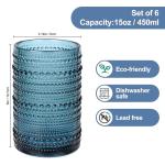 ZMOWIPDL Vintage Glassware Drinking Glasses Set of 6,15 oz Hobnail Glass Cups,Embossed Blue Water Tumbler,for Beer,Cocktail,Whiskey,Juice and Various Mixed Drinks- 1 Cleaning Brush