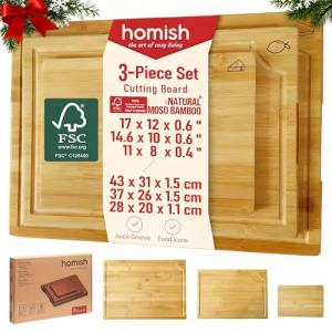 Large Bamboo Cutting Board 3 Piece Set with Juice Groove & Handle - Non Toxic Wood Charcuterie Board & Butcher Block for Meat, Veggies Fruit & Cheese - Kitchen Gift Set by Homish