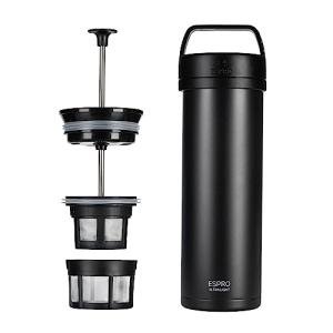 ESPRO P0 Ultralight French Press Coffee Maker for Travel, Vacuum Insulated Stainless Steel, 16 Ounces, Matte Meteorite Black