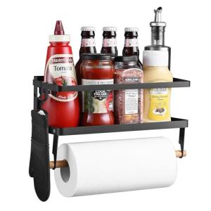 Magnetic Paper Towel Holder for Fridge, Magnetic Spice Rack for Refrigerator, 2-in-1 Foldable Shelf for Side of Refrigerator, Kitchen Countertop Organizers and Wall Mount Storage