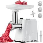 2500W Max Electric Meat Grinder & Sausage Stuffer - Heavy Duty Mincer Machine Anti-Slip with 1 Blade And 3 Plates, 3 Tubes & Kubbe Kit BPA Free for Home Kitchen Use （White）
